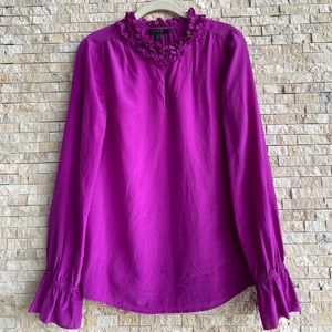 J Crew Silk Ruffle Neck Blouse Purple Keyhole Flutter Womens
